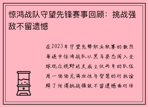 惊鸿战队守望先锋赛事回顾：挑战强敌不留遗憾