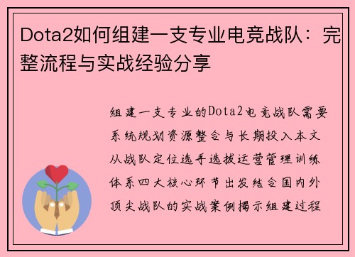 Dota2如何组建一支专业电竞战队：完整流程与实战经验分享