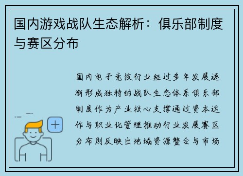 国内游戏战队生态解析：俱乐部制度与赛区分布